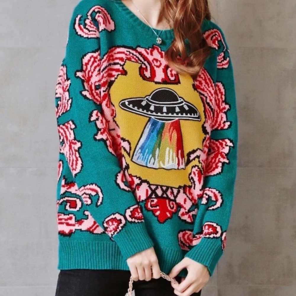Alien Spaceship Teal Pullover Sweater